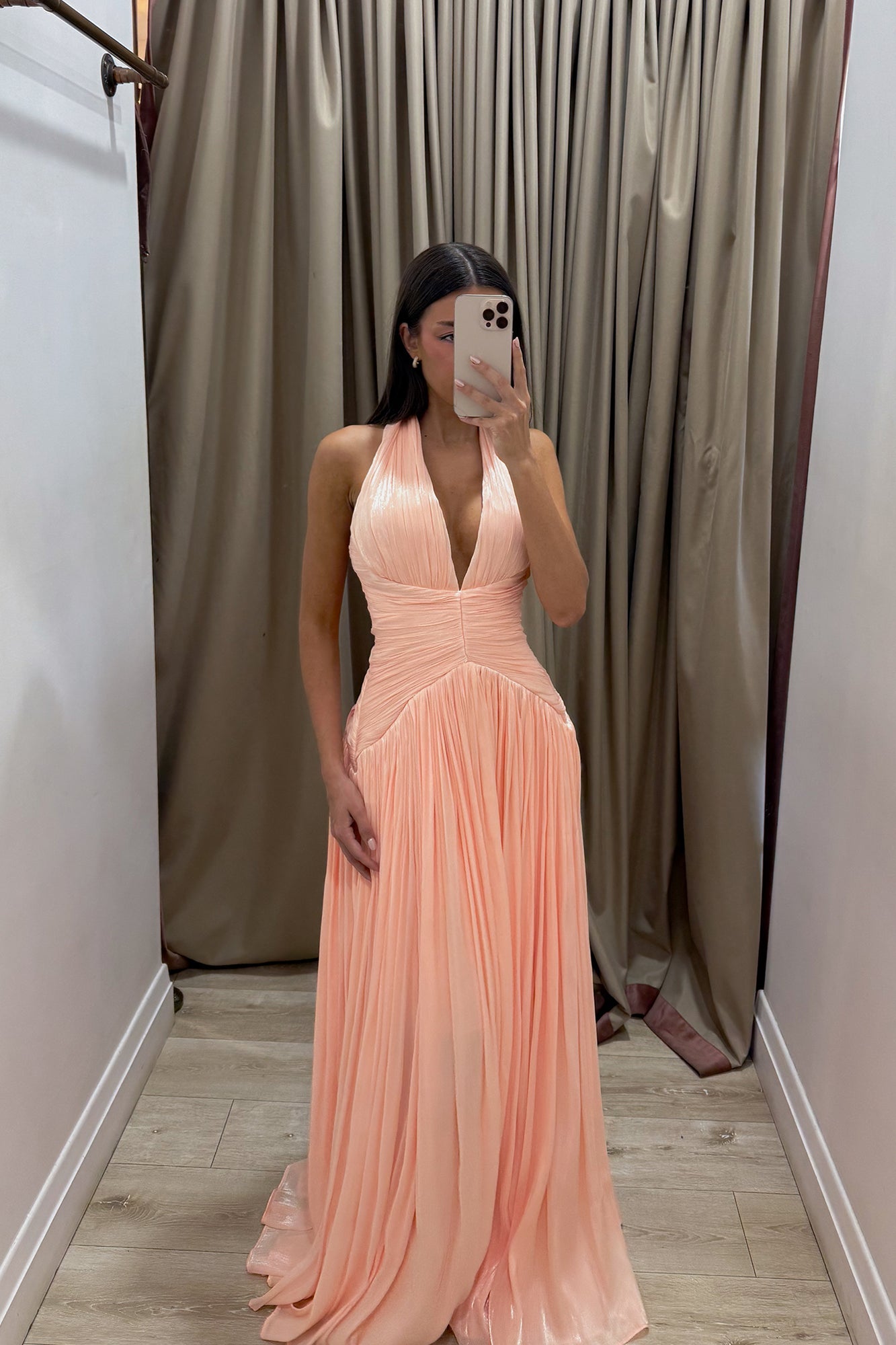 Peach Halter Pleated Maxi Gown