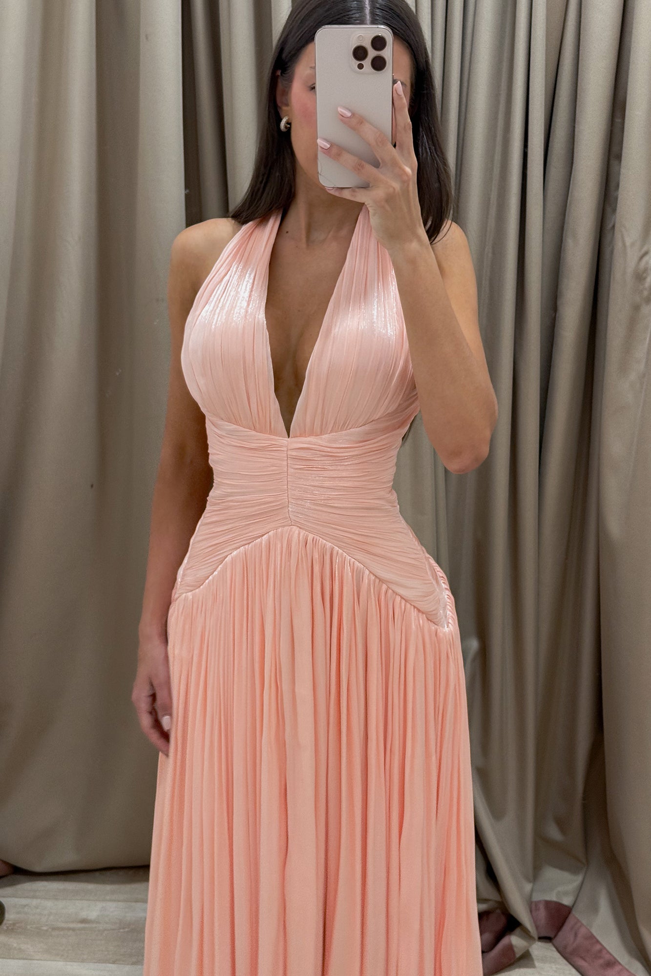 Peach Halter Pleated Maxi Gown