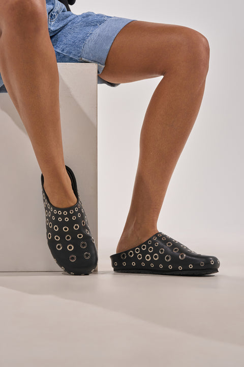 Light Blue Denim & Gold Eyelet Slip-On Mules