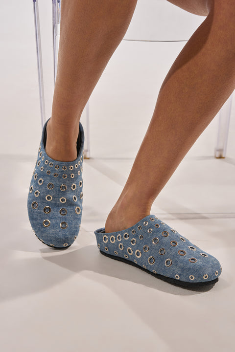 Light Blue Denim & Gold Eyelet Slip-On Mules