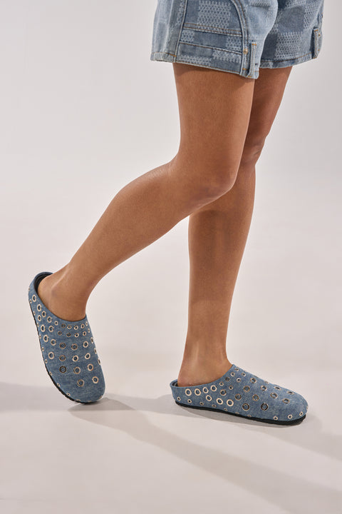 Light Blue Denim & Gold Eyelet Slip-On Mules