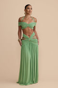 Green Halter Off-Shoulder Cutout Two-Piece Set