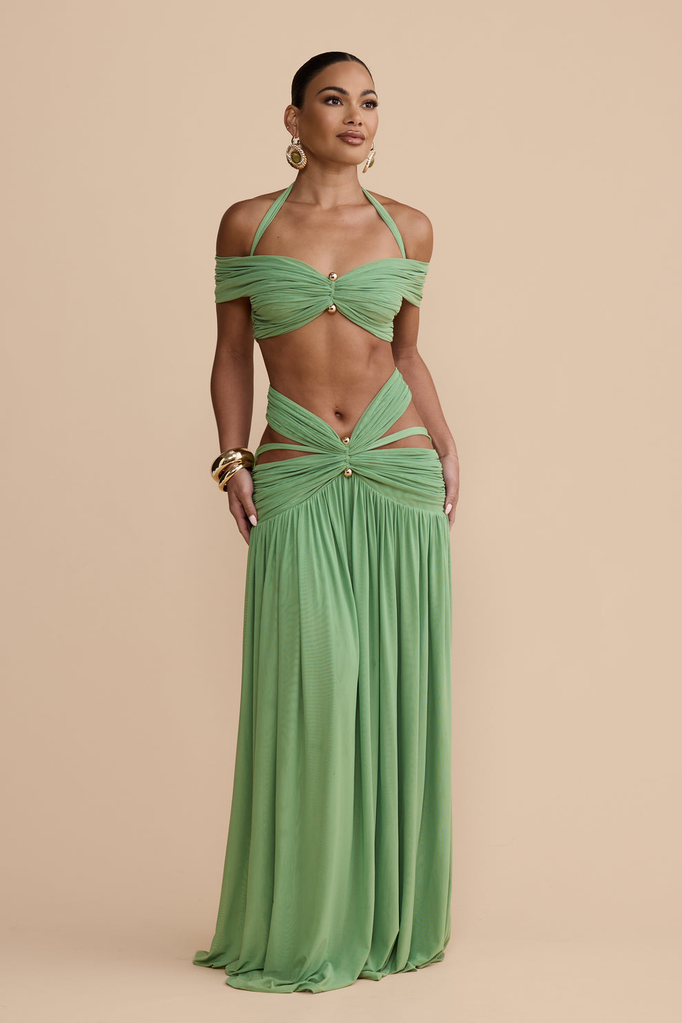 Green Halter Off-Shoulder Cutout Two-Piece Set