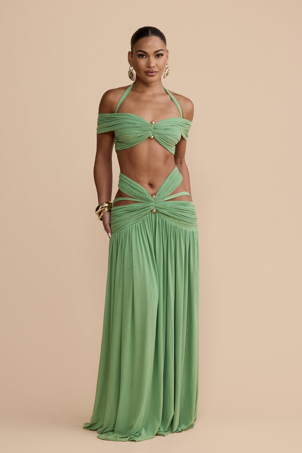Green Halter Off-Shoulder Cutout Two-Piece Set