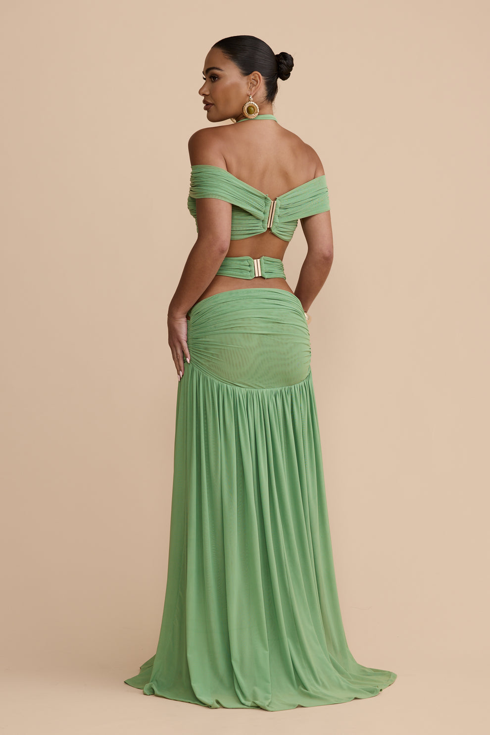 Green Halter Off-Shoulder Cutout Two-Piece Set