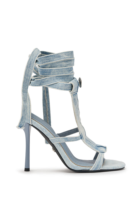 Acid Wash Denim Lace-Up Stiletto Heel Sandals
