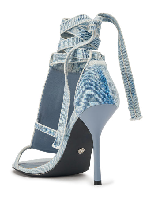 Acid Wash Denim Lace-Up Stiletto Heel Sandals