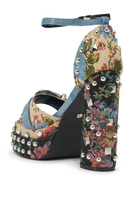Floral Print Denim & Rhinestone Platform Heels