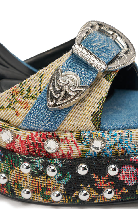 Floral Print Denim & Rhinestone Platform Heels