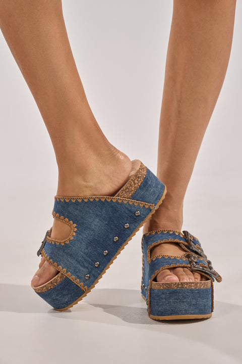 Olive Green Cork-Textured Platform Slide Sandals