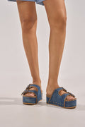 Olive Green Cork-Textured Platform Slide Sandals
