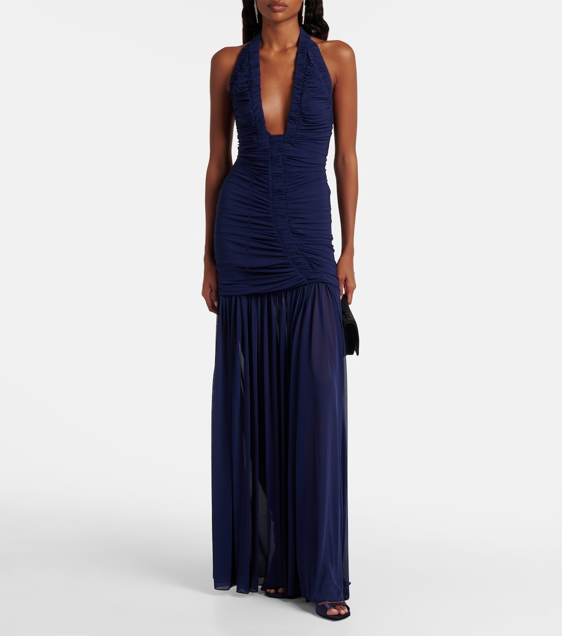Navy Blue Halter Ruched Maxi Gown