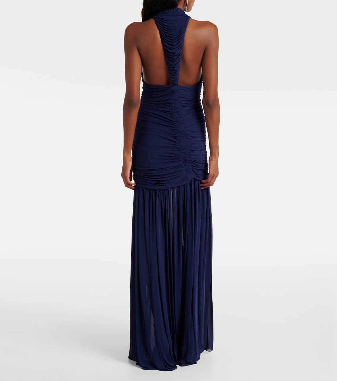 Navy Blue Halter Ruched Maxi Gown