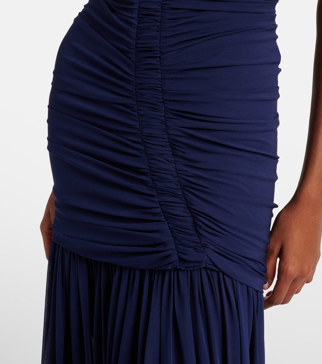 Navy Blue Halter Ruched Maxi Gown