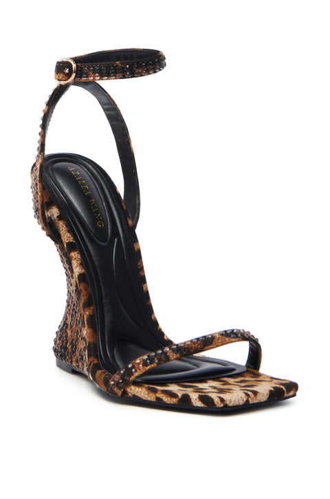 Leopard Print Rhinestone-Embellished Wedge Sandals