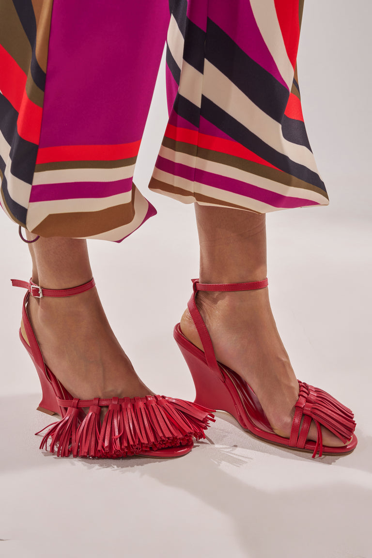 Leather Fringe Wedge Sandals