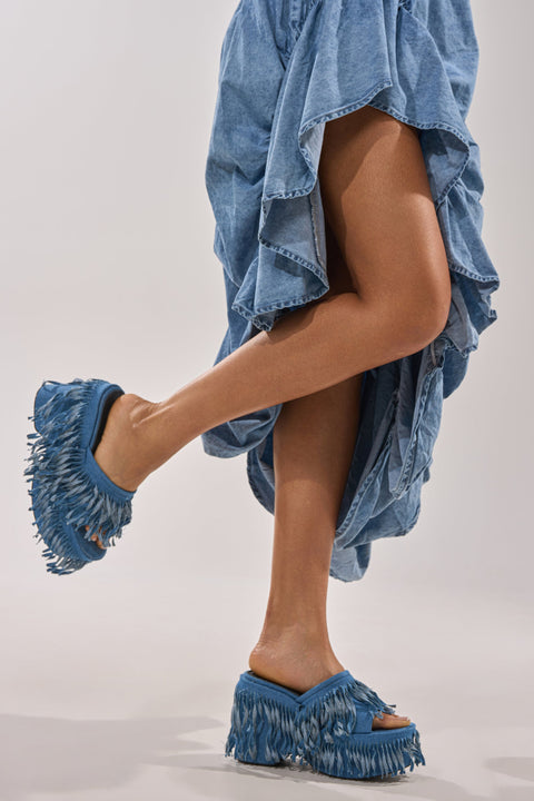 Blue Denim Fringe Platform Wedge Sandals