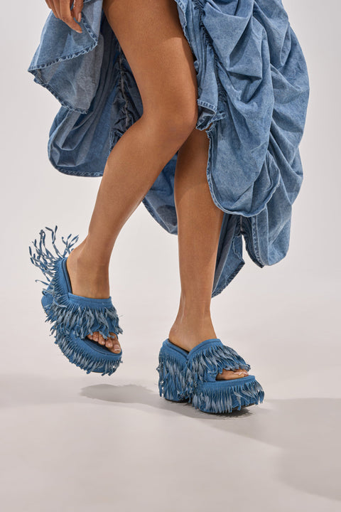 Blue Denim Fringe Platform Wedge Sandals