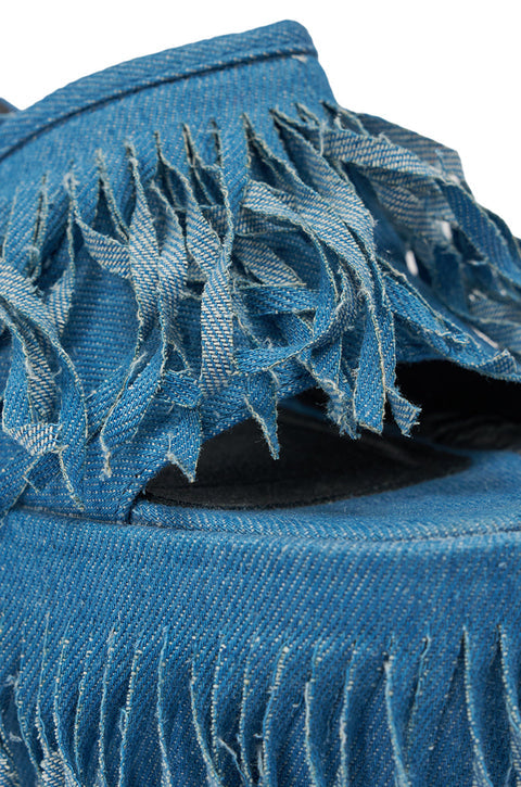 Blue Denim Fringe Platform Wedge Sandals
