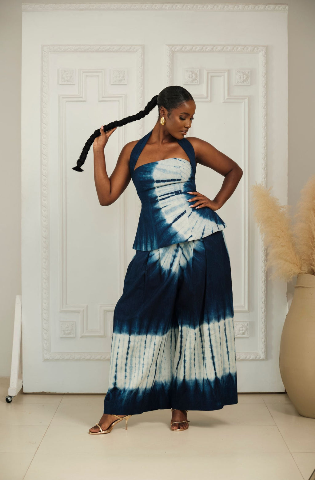 Indigo Tie-Dye Halter Wide-Leg Set