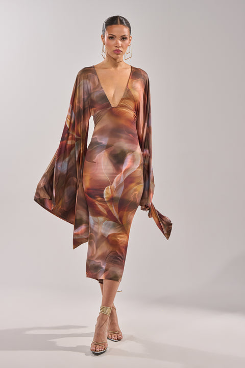 Brown Abstract Print Cape Sleeve Midi Dress