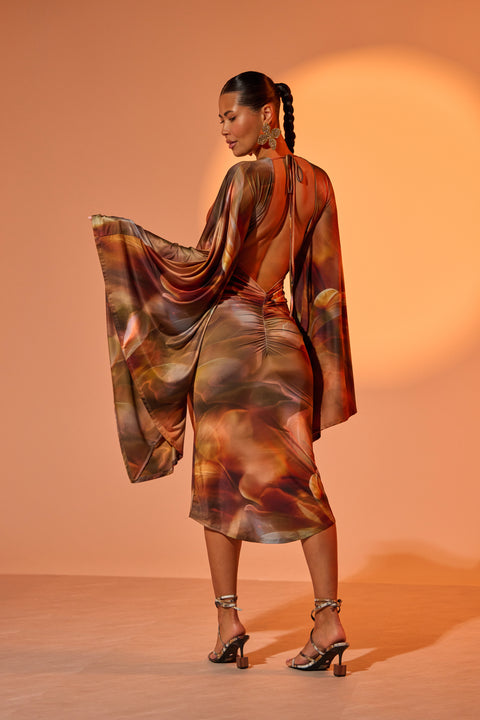 Brown Abstract Print Cape Sleeve Midi Dress