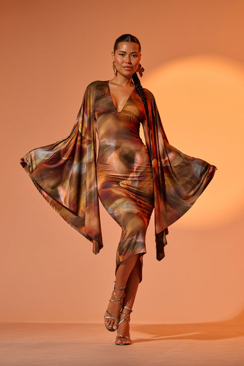 Brown Abstract Print Cape Sleeve Midi Dress