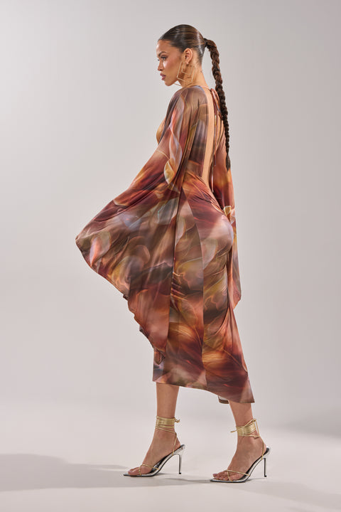 Brown Abstract Print Cape Sleeve Midi Dress