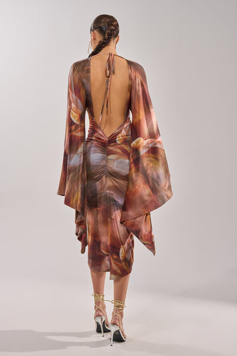 Brown Abstract Print Cape Sleeve Midi Dress