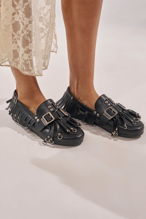 Black Leather Fringe & Studded Loafers