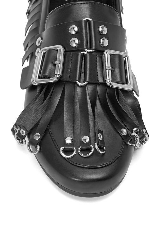 Black Leather Fringe & Studded Loafers