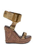 Gold Python-Embossed Leather & Studded Wood-Effect Wedge Sandals