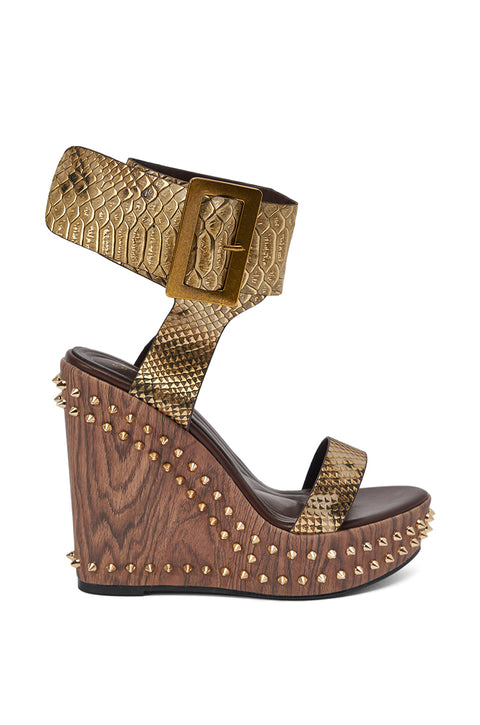Gold Python-Embossed Leather & Studded Wood-Effect Wedge Sandals