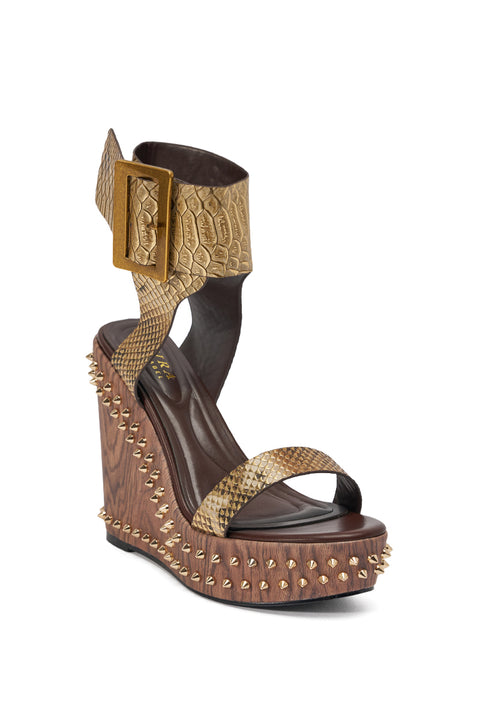 Gold Python-Embossed Leather & Studded Wood-Effect Wedge Sandals