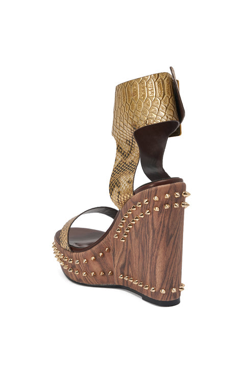 Gold Python-Embossed Leather & Studded Wood-Effect Wedge Sandals