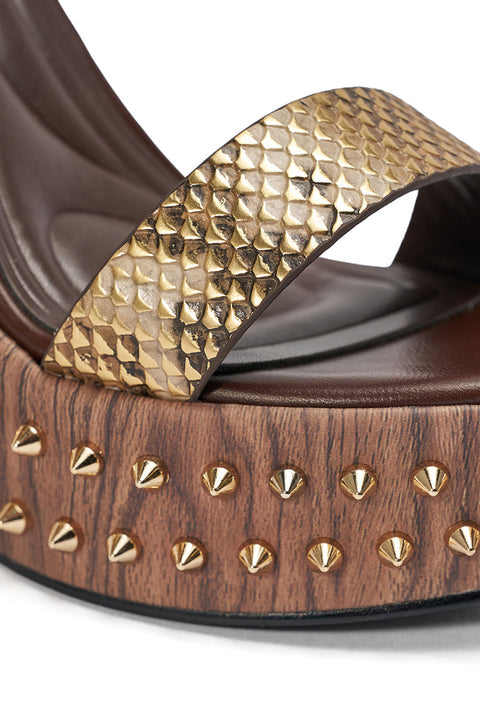 Gold Python-Embossed Leather & Studded Wood-Effect Wedge Sandals