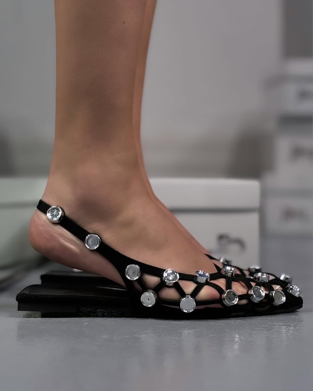 Black Suede Crystal Studded Caged Pointed-Toe Slingback Flats