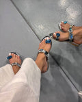 Silver Metallic Blue Gemstone Thong Sandals