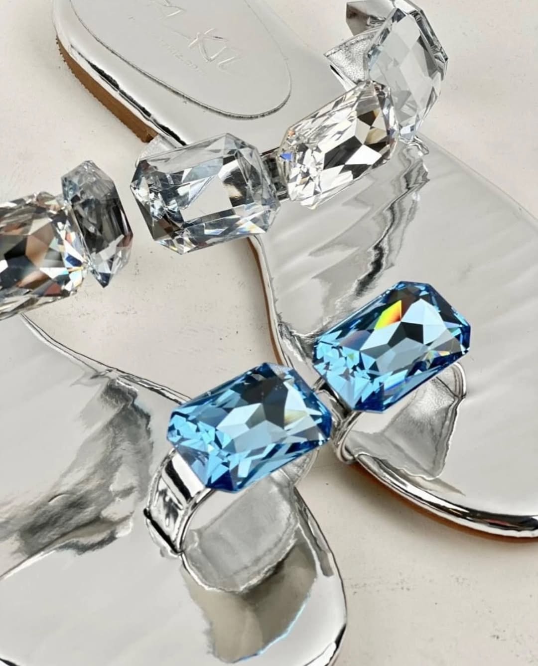 Silver Metallic Blue Gemstone Thong Sandals