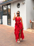 Red Ruffled Halter Maxi Dress