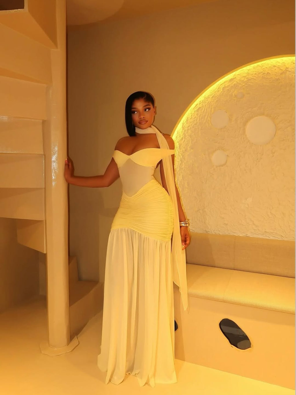 Butter Yellow Off-Shoulder Mesh Maxi Dress