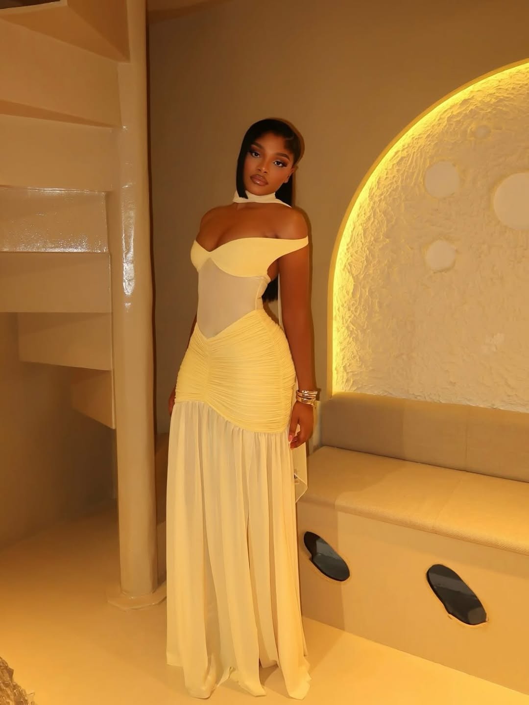 Butter Yellow Off-Shoulder Mesh Maxi Dress
