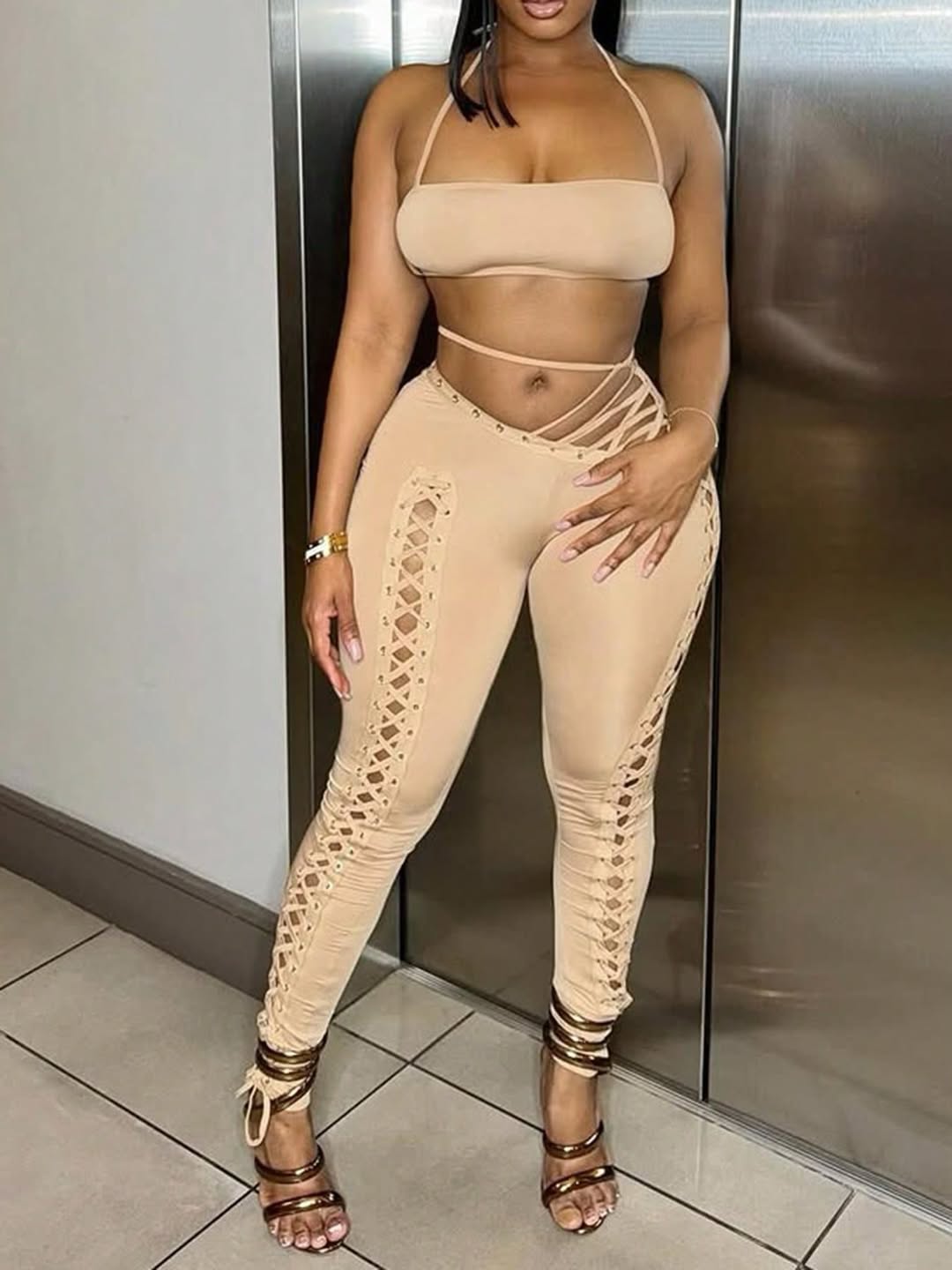 Nude Halter Bandeau Crop Top & Lace-Up Cut-Out Leggings Set