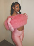 Pink Faux Fur Trim Satin Jumpsuit