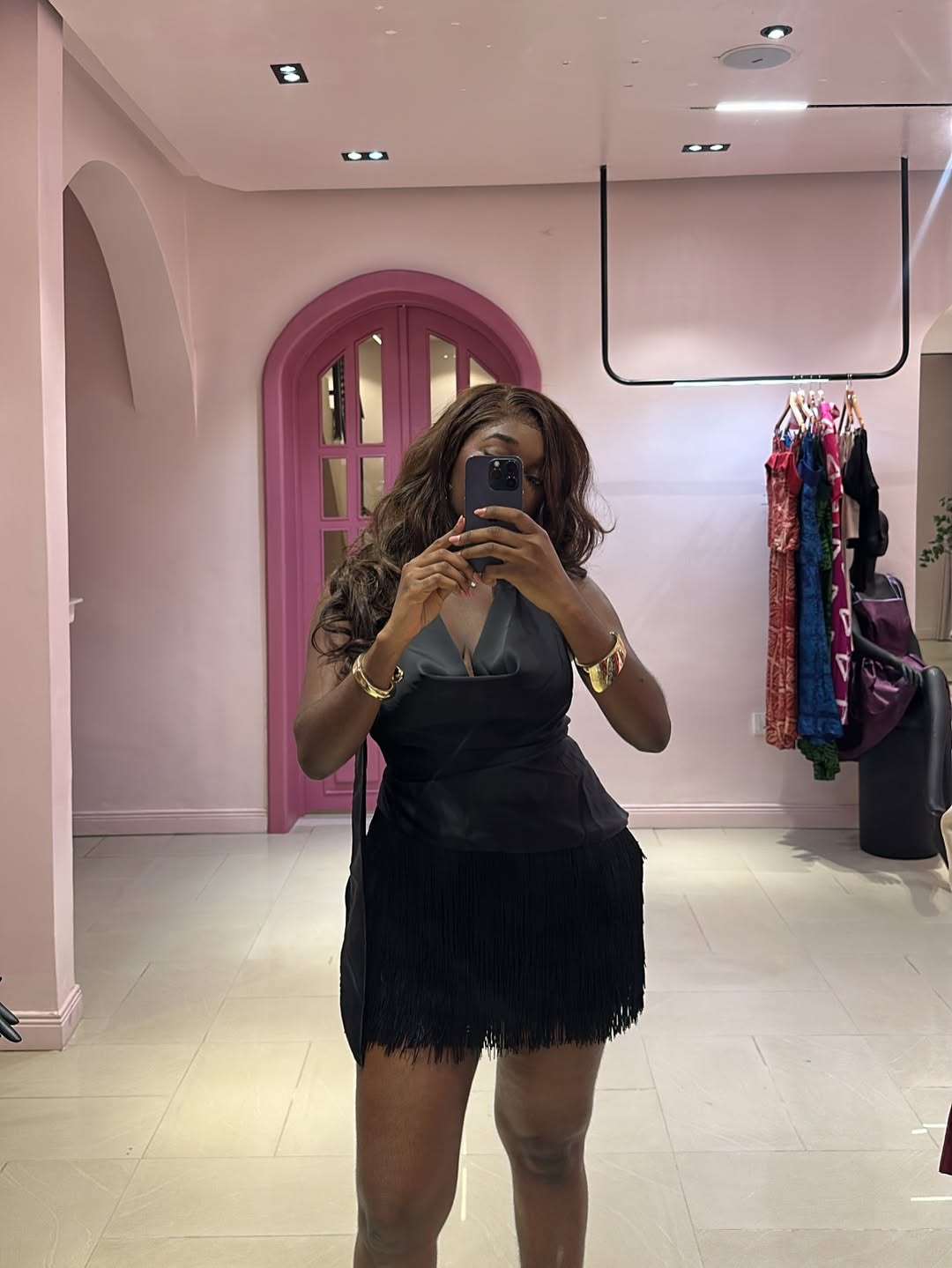 Black Halter Fringe Mini Dress