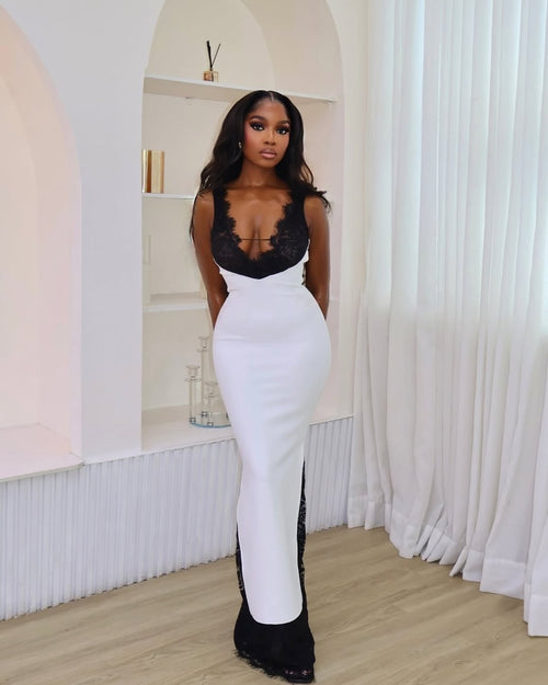 Black & White Lace-Trim Bodycon Maxi Gown