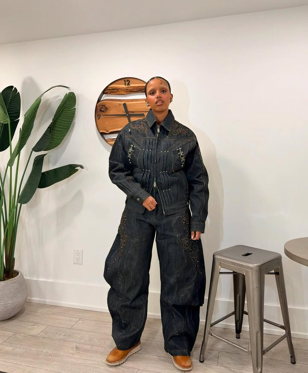 Embellished Denim Jacket & Wide-Leg Pants Set