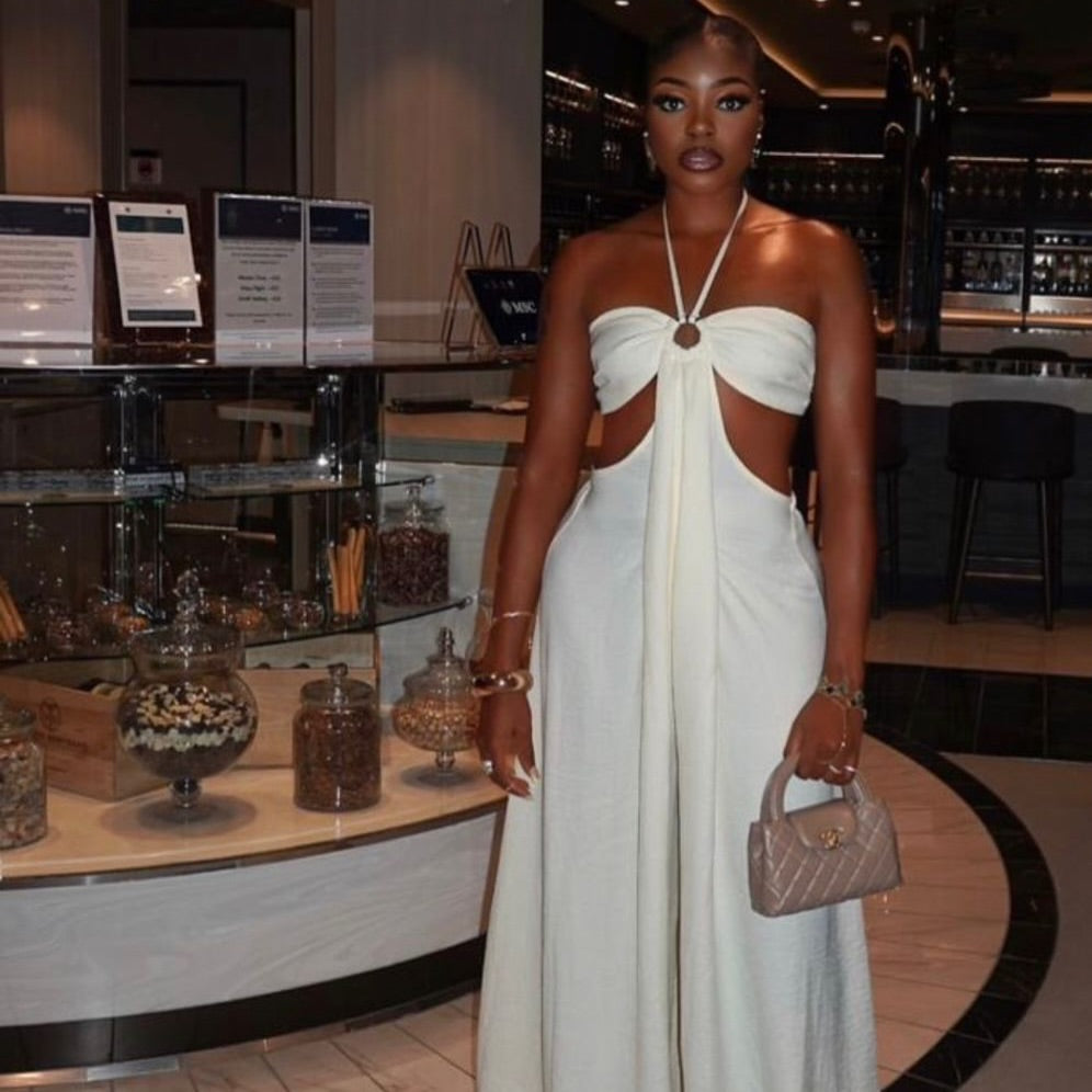 White Halter Cutout Wide-Leg Jumpsuit