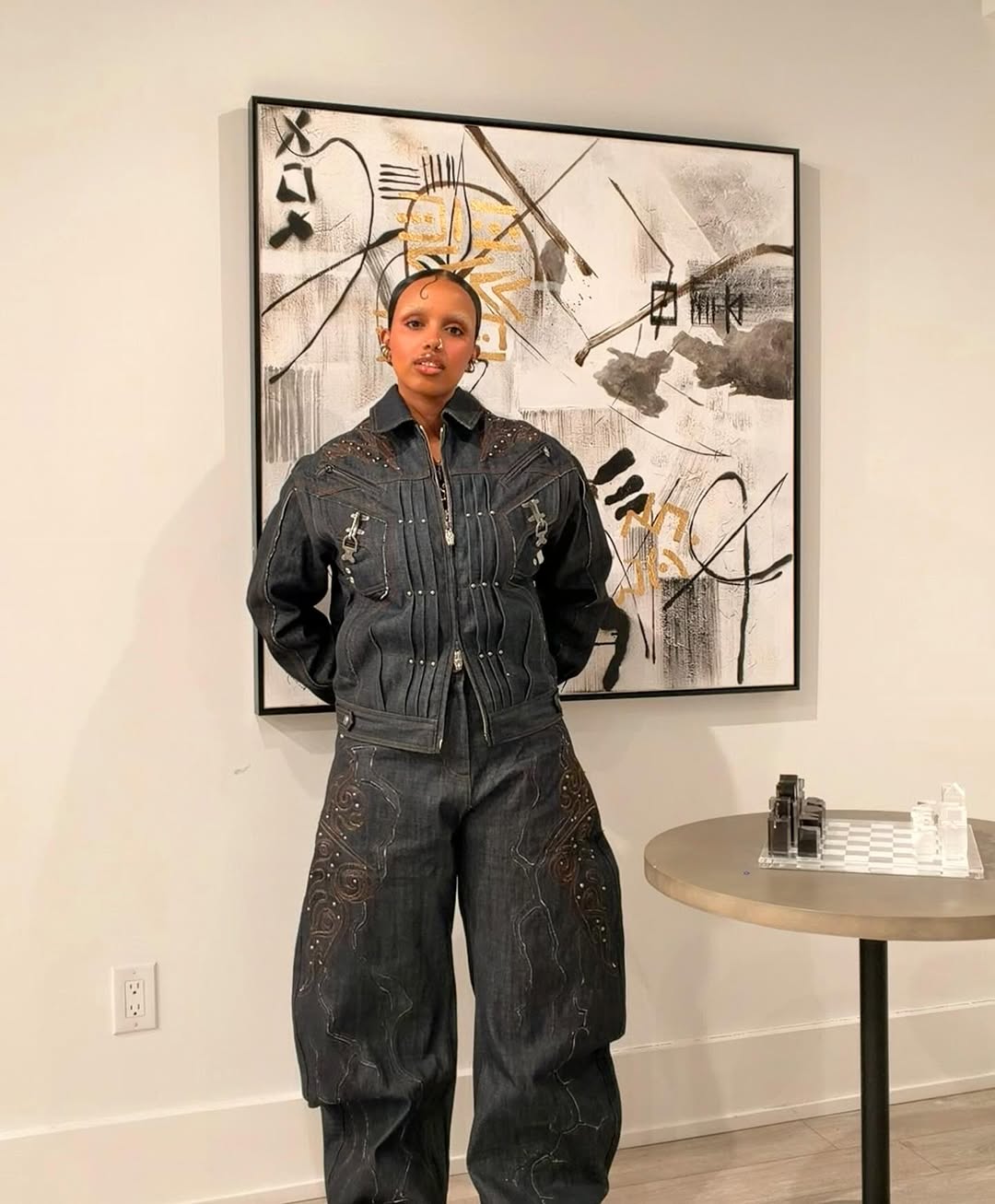 Embellished Denim Jacket & Wide-Leg Pants Set