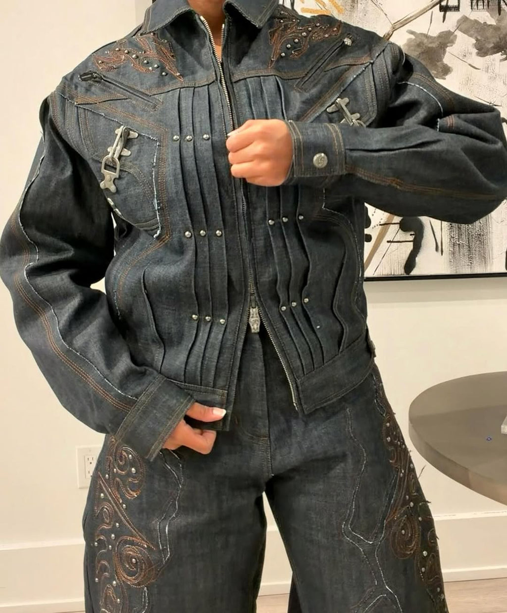 Embellished Denim Jacket & Wide-Leg Pants Set